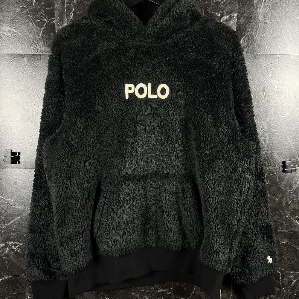 Polo Ralph Lauren Men's Black Logo Pile Fleece Hoodie Fits Large